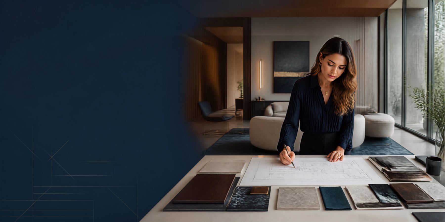 Arquiteta desenhando um projeto sobre a mesa, com amostras de materiais