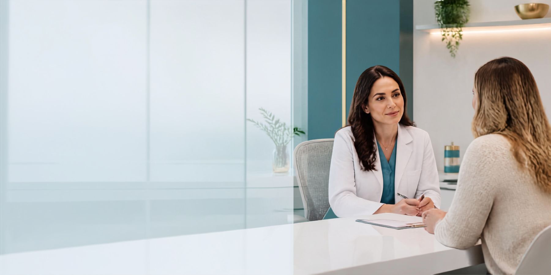 Profissional da saúde em consulta com uma paciente no consultório